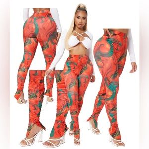 *New* Split Hem Ruched Graphic Print Leggings